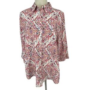 Chicos Paisley No Iron 100% Linen Button Up Shirt Tunic Top Women Sz 1 M US‎ 8